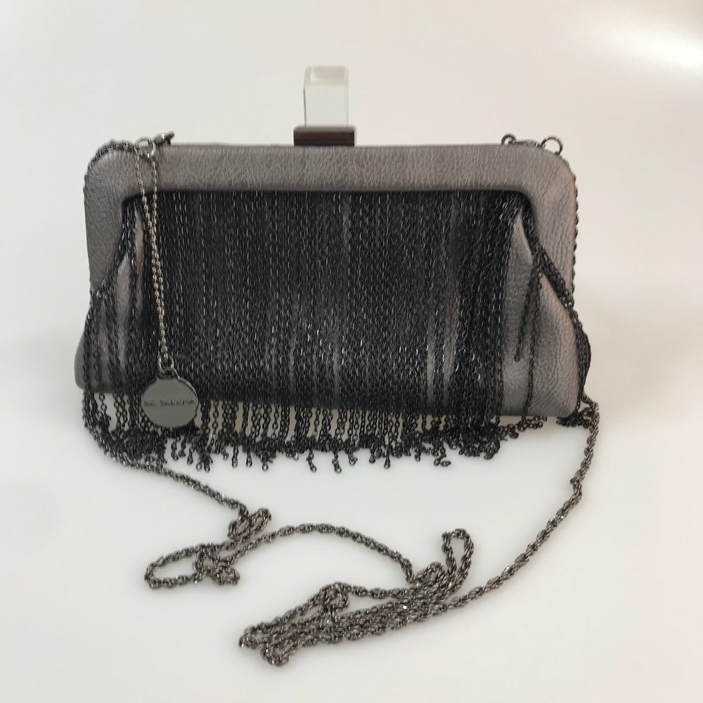 EUC Big Buddha Chain-Fringe Cocktail Bag/Clutch in Pewter Faux Leather